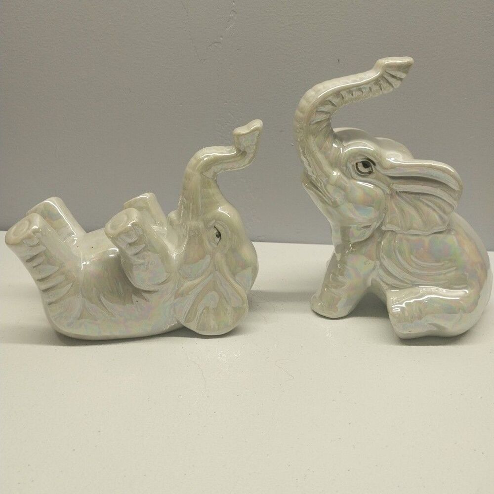 Iridescent Ceramic Elephant Figurines Trunk Up & Belly Up Pearl Luster Decor